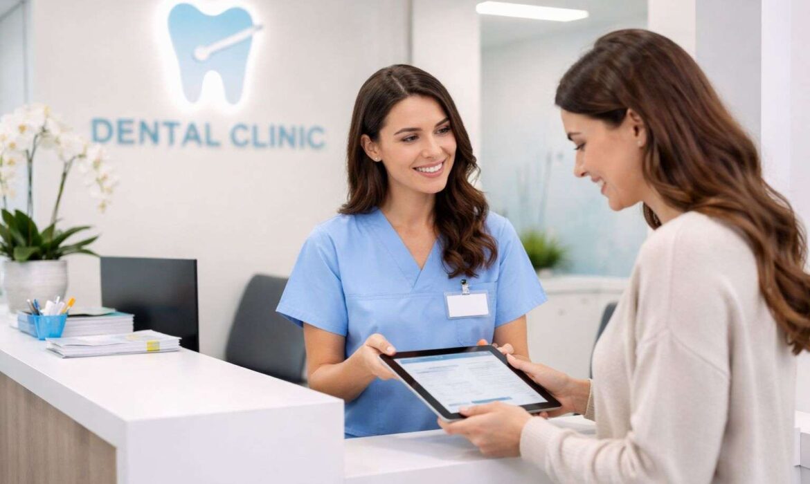 a dental clinic front desk taking the patient's details before treatment