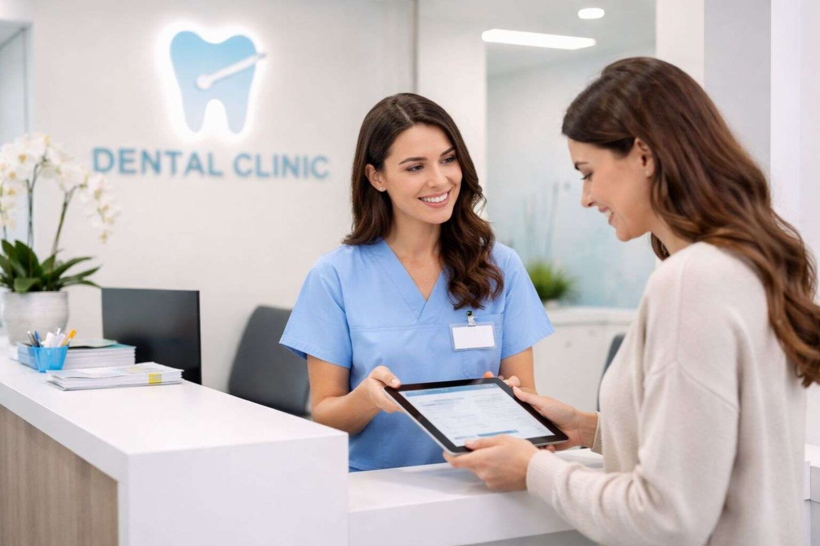 a dental clinic front desk taking the patient's details before treatment