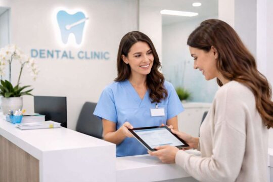 a dental clinic front desk taking the patient's details before treatment