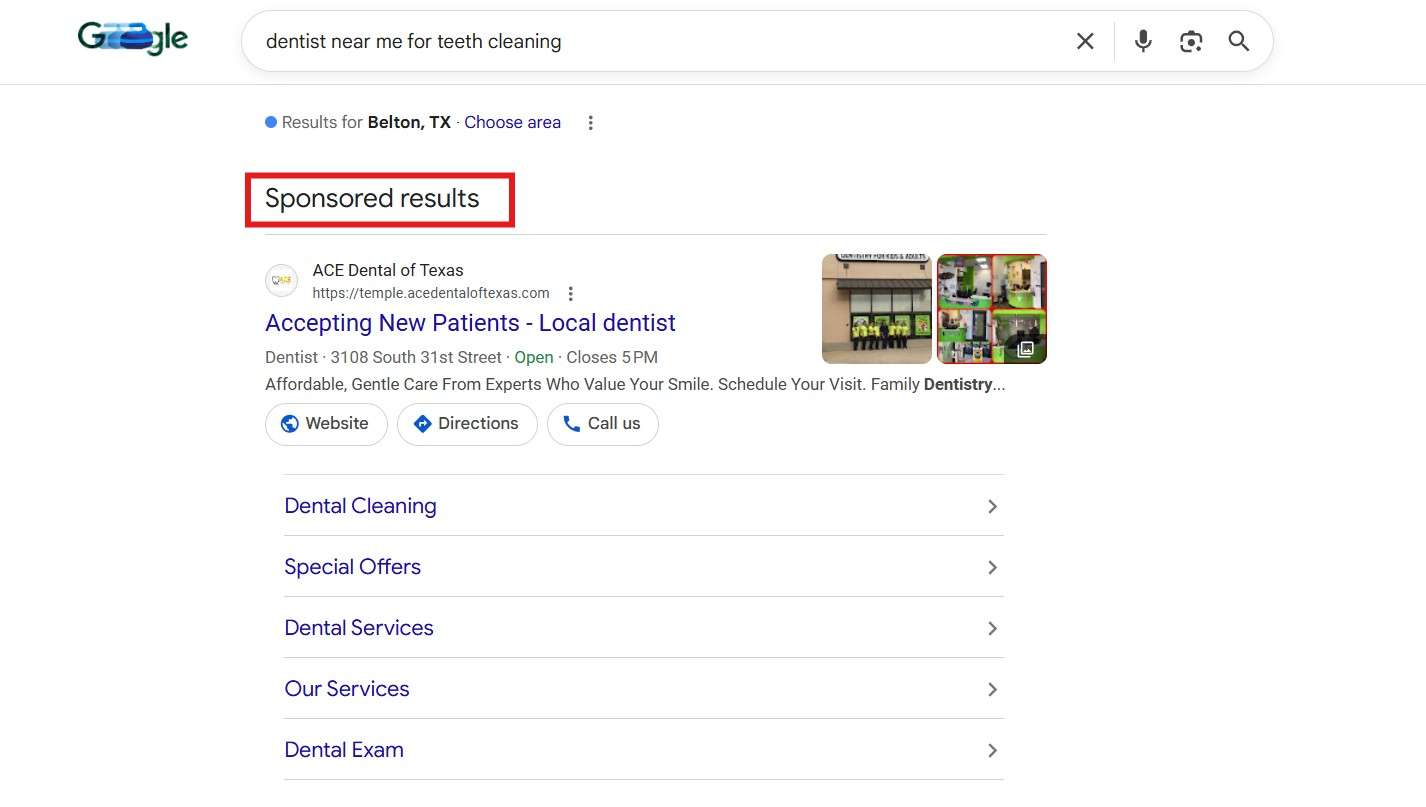 google search ads results for dental clinic